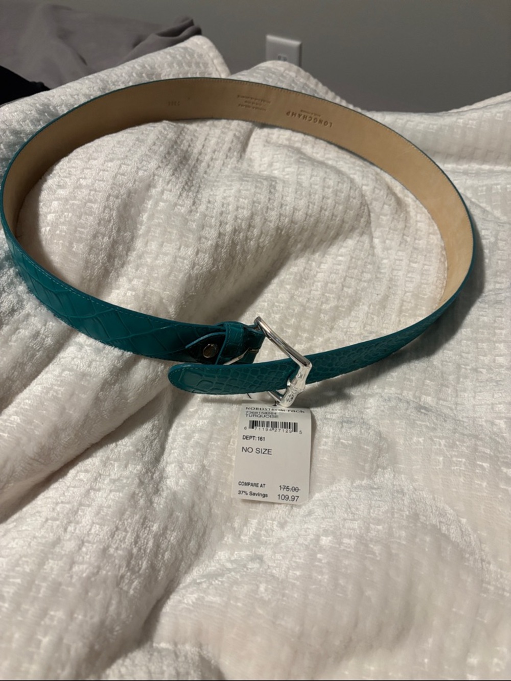 Longchamp Teal Croc-Embossed Leather Belt with Silver Buckle